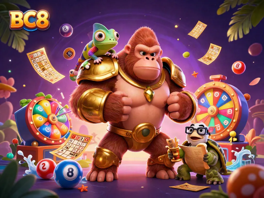 Join the thrilling BC8 gaming world with a mighty gorilla, chameleon spy, and wise tortoise amidst vibrant gambling elements.