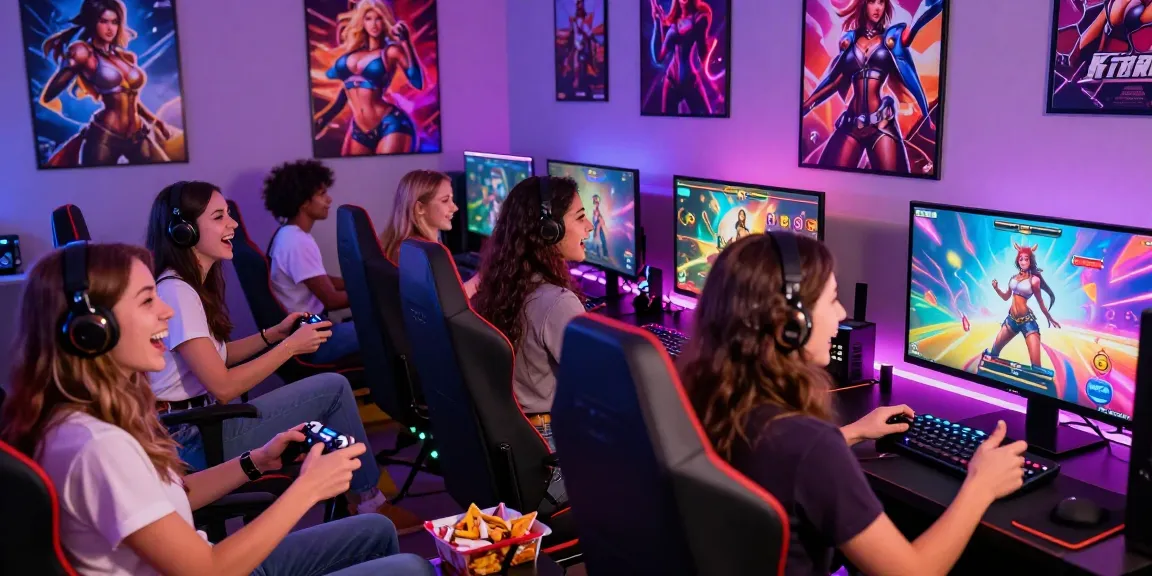 Engaged women gaming together, enjoying a female porn game with vibrant visuals and exciting atmosphere.