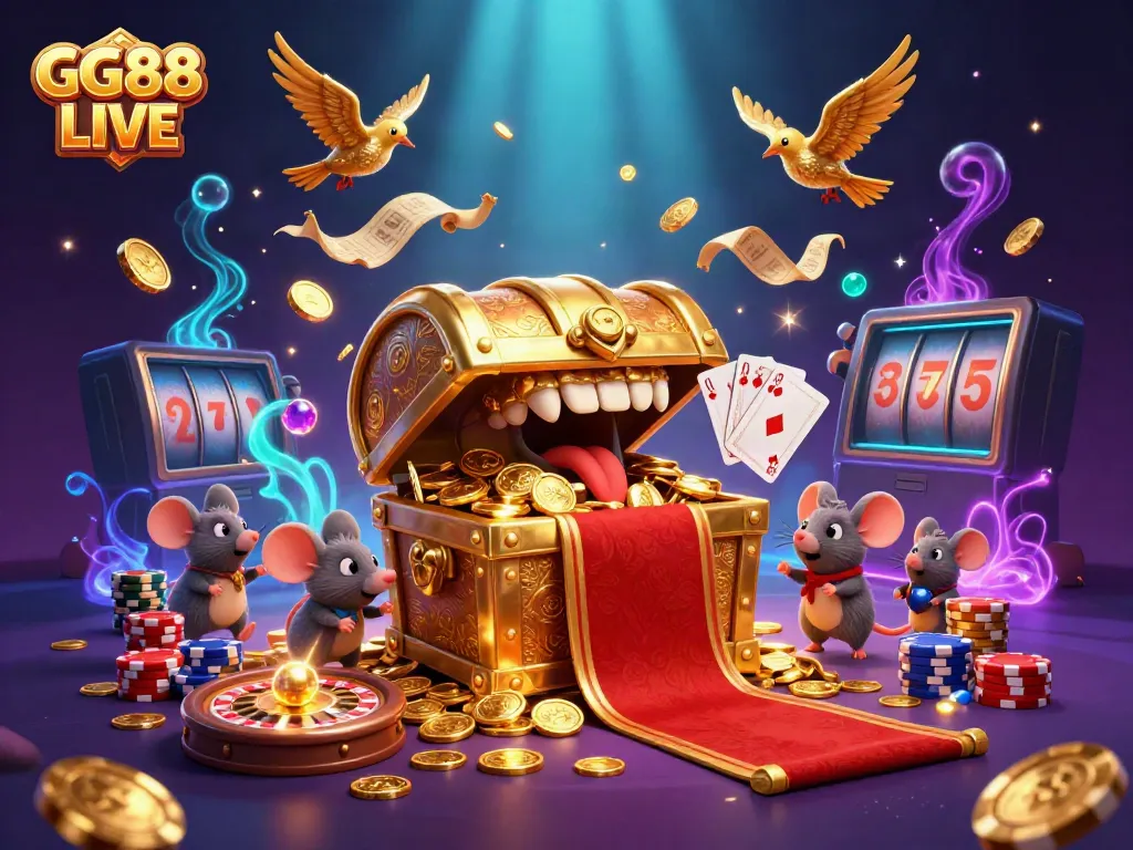 Engage in thrilling wins with GG88 LIVE's vibrant golden treasure chest and circling golden birds.