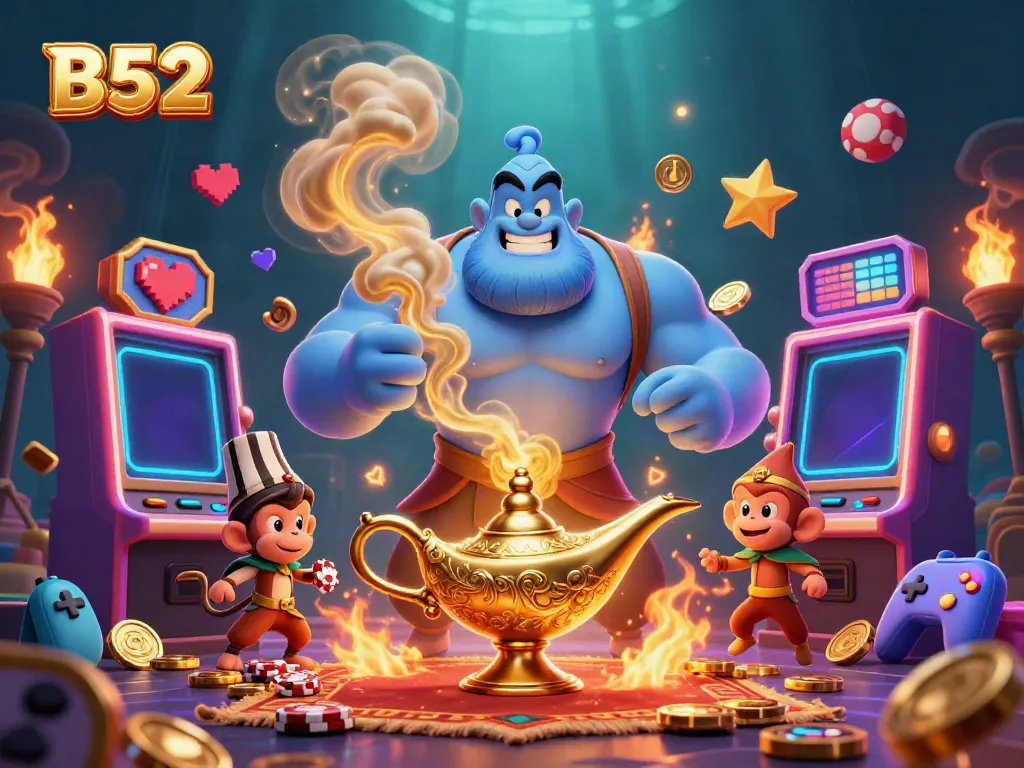 Engage in thrilling slot action with the B52 genie, poker chips, and enchanting magic carpet.