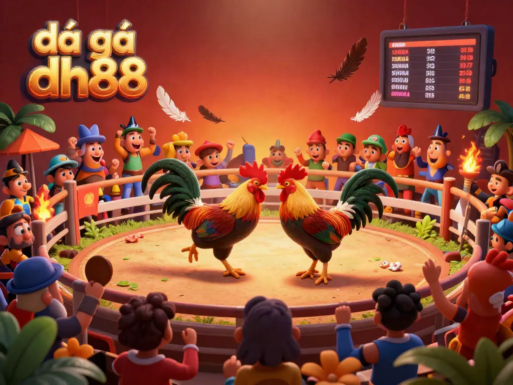 Experience the excitement of đá gà dh88 in a vibrant cockfighting arena scene filled with cheering characters and betting activity.
