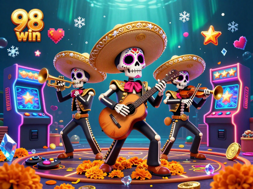 Experience thrilling gameplay at 98 win with a lively mariachi band and dynamic casino elements surrounding them.