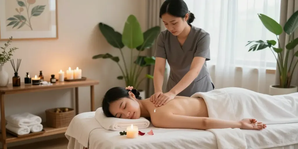 Serene 인천출장안마 spa therapy session with aromatic candles and fresh flowers.