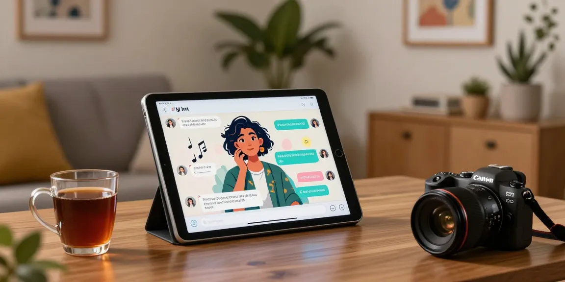Engaging scene of a user enjoying sex ai chat on a tablet in a cozy workspace.