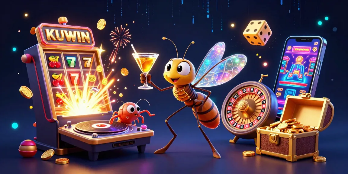 Win big with KUWIN at the casino, featuring a unique mosquito mascot and vibrant game elements.