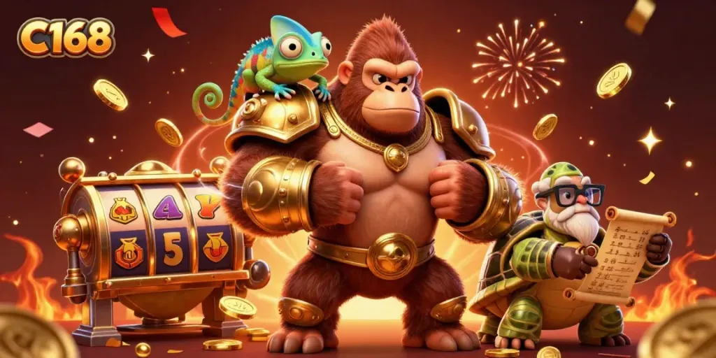 Engage with C168's thrilling gaming universe, featuring slot reels, winning symbols, and vibrant characters.