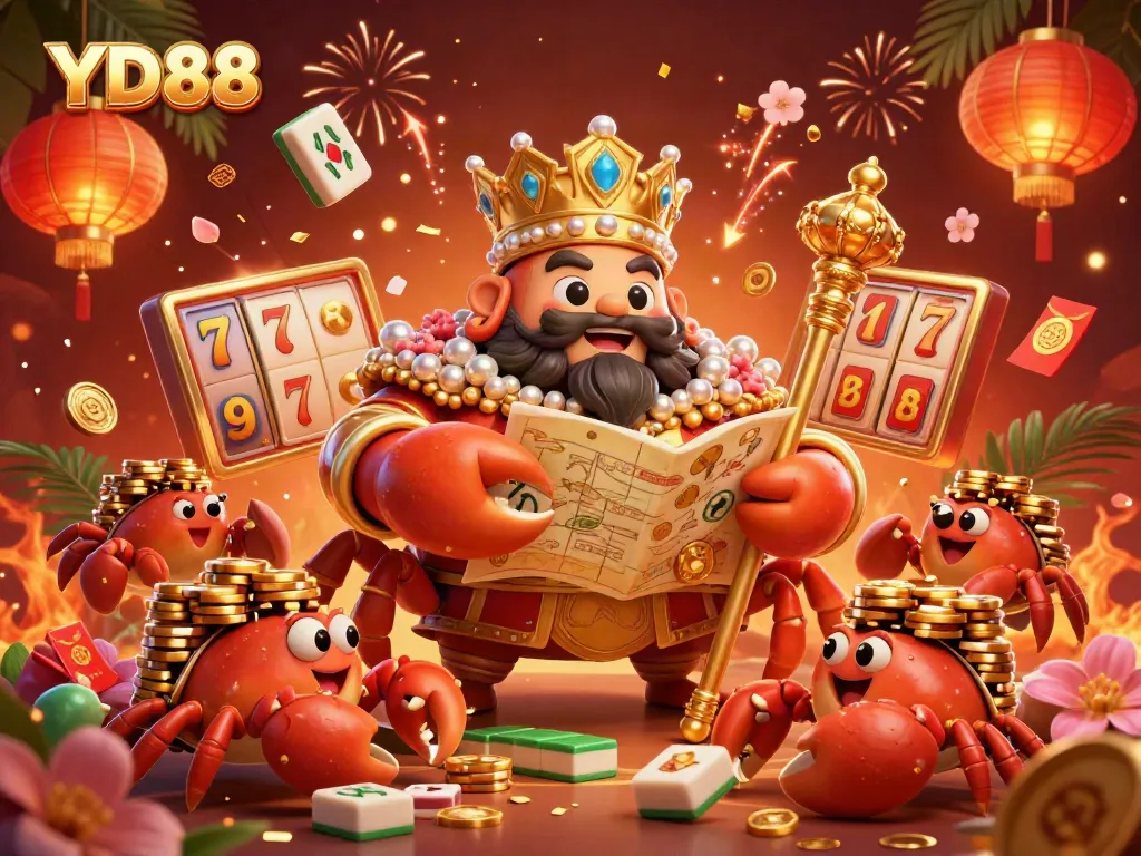 Engage with the thrilling world of casino gaming at YD88, featuring interactive golden crab characters in a lively scene.