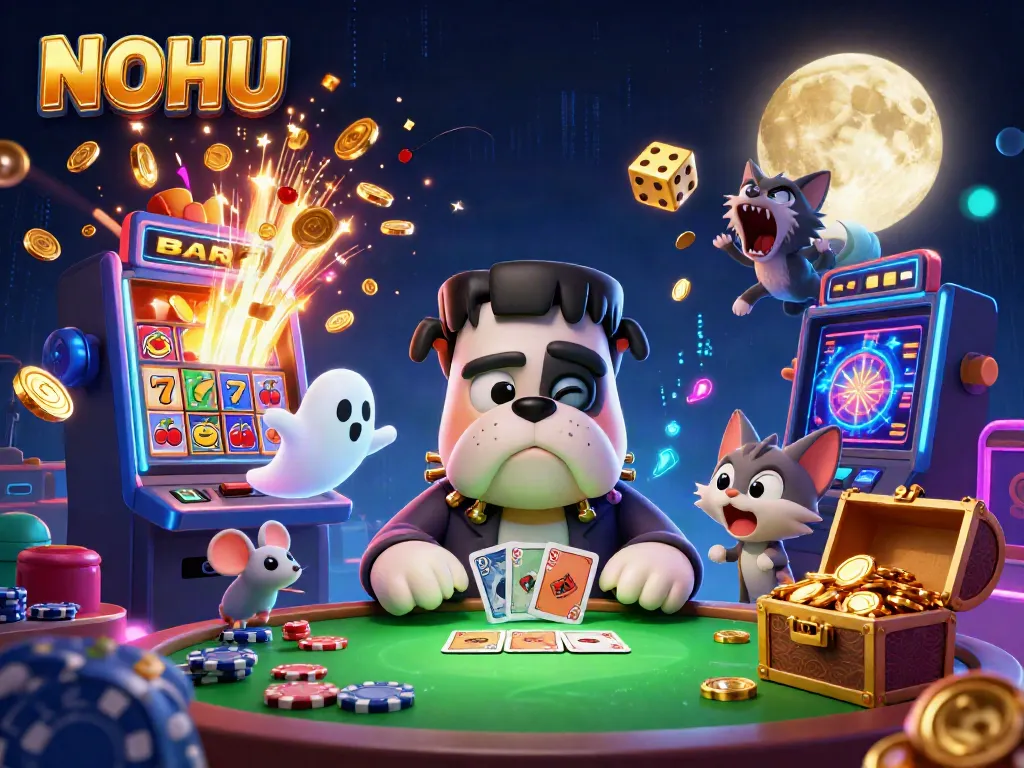 NOHU's vibrant 3D casino scene showcases a bulldog dealer, ghost mouse, and werewolf kitten among gaming symbols and a jackpot.