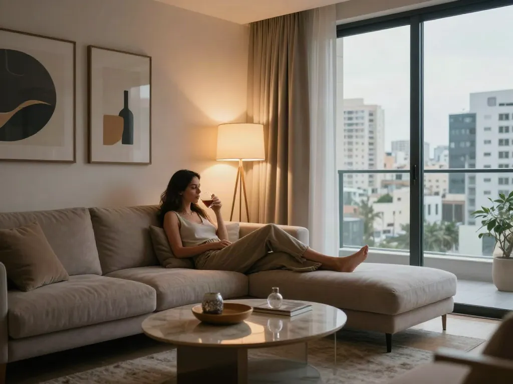 Stylish interior of דירות דיסקרטיות במרכז with modern furnishings and city view.