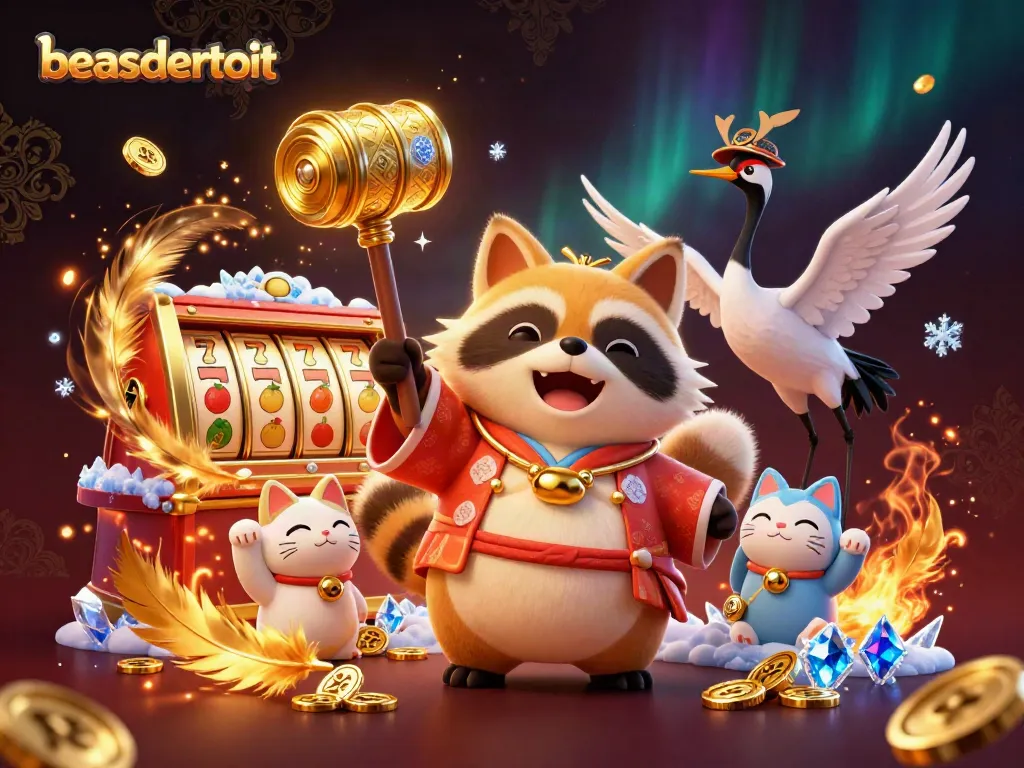 Experience beasdetroit with a vibrant 3D illustration of a cheerful tanuki in a casino scene, highlighting luck and fun.