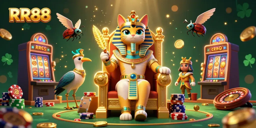 Experience the thrill of RR88 with an Egyptian-themed casino scene featuring vibrant characters and gaming elements.