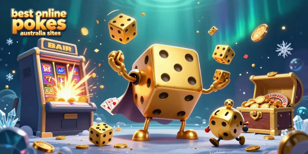Engage with the best online pokies Australia sites through a vibrant 3D illustration showcasing animated gambling elements.
