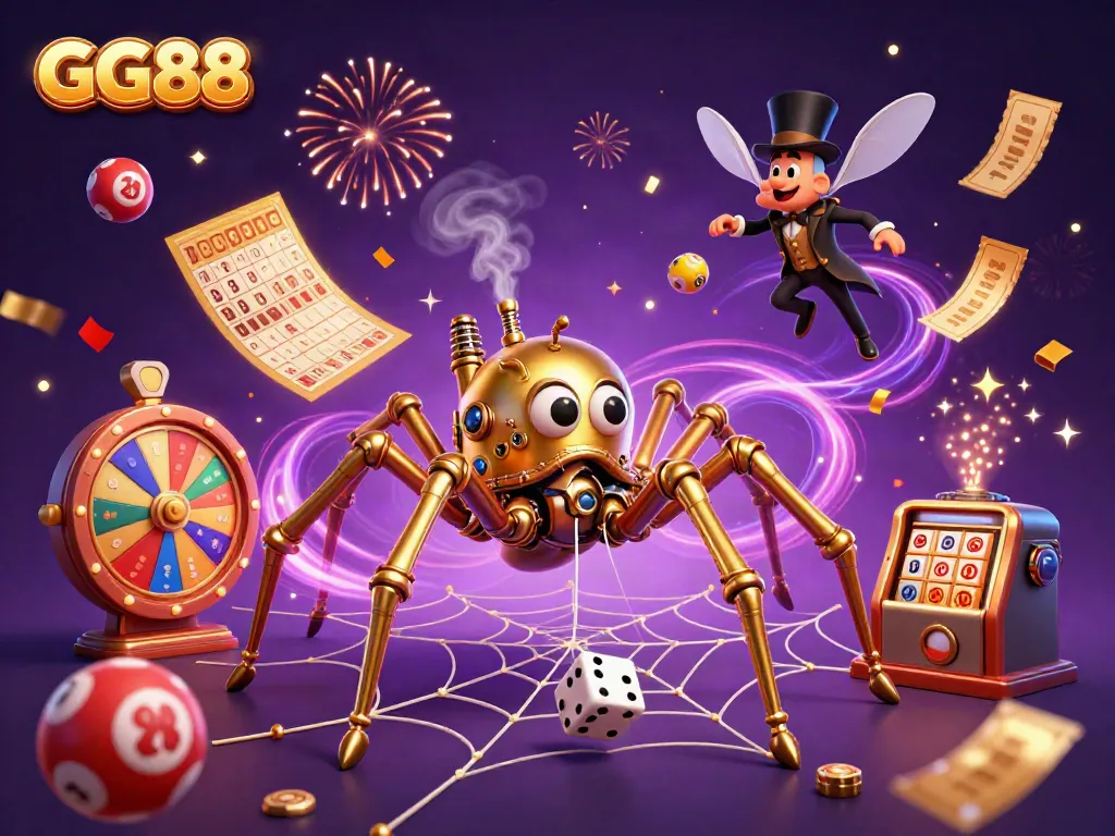 GG88 features a golden spider catching dice in its web surrounded by lottery elements and rich casino imagery.