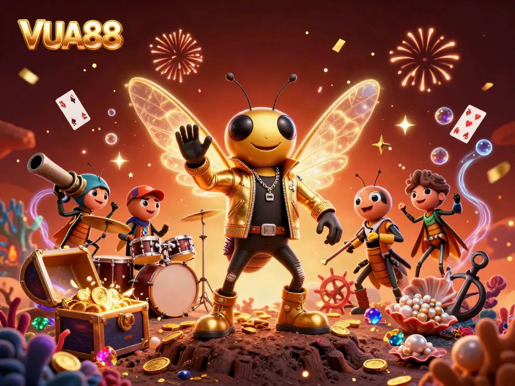 VUA88 casino-themed illustration depicting a vibrant scene with a cicada rock star amidst gold coins, playing cards, and fireworks.