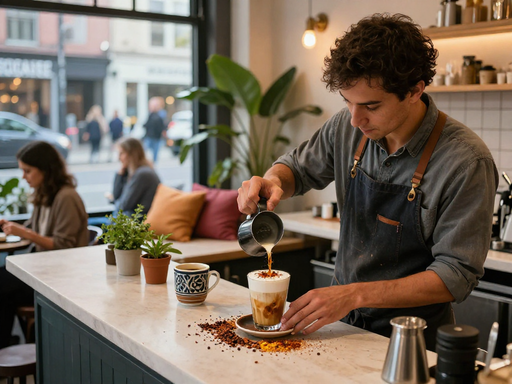 Spicy chat beverage being crafted in a trendy urban café.