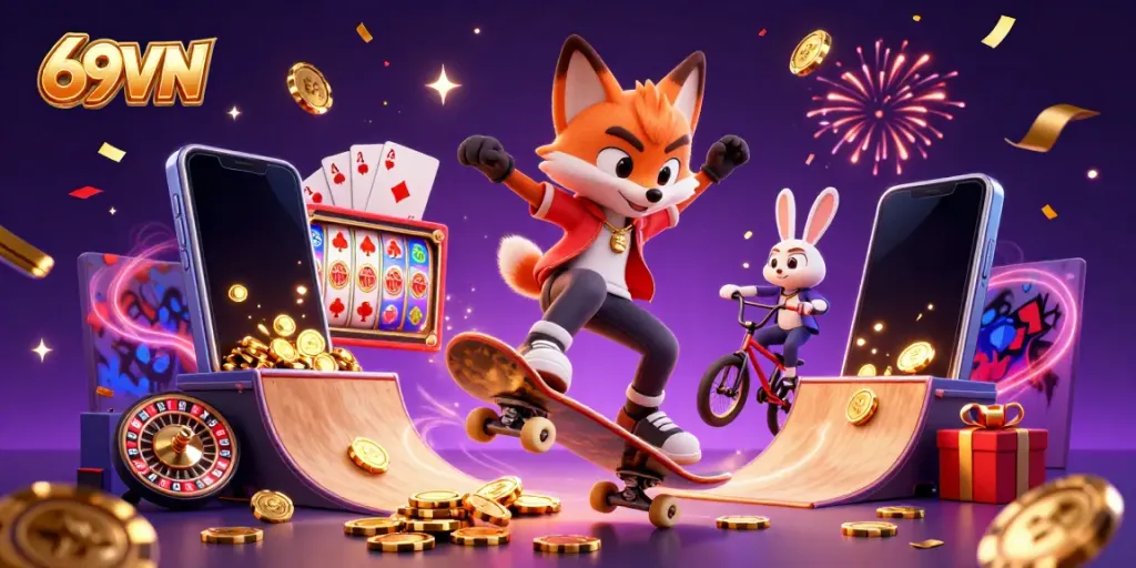 Watch the thrilling scene where 69VN's cartoon characters engage in casino fun, featuring exciting game elements.