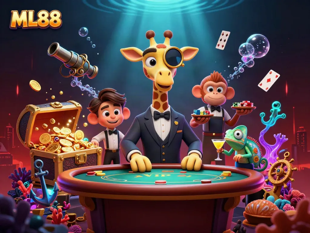 Experience ML88's vibrant atmosphere with animated characters celebrating big wins at the casino.