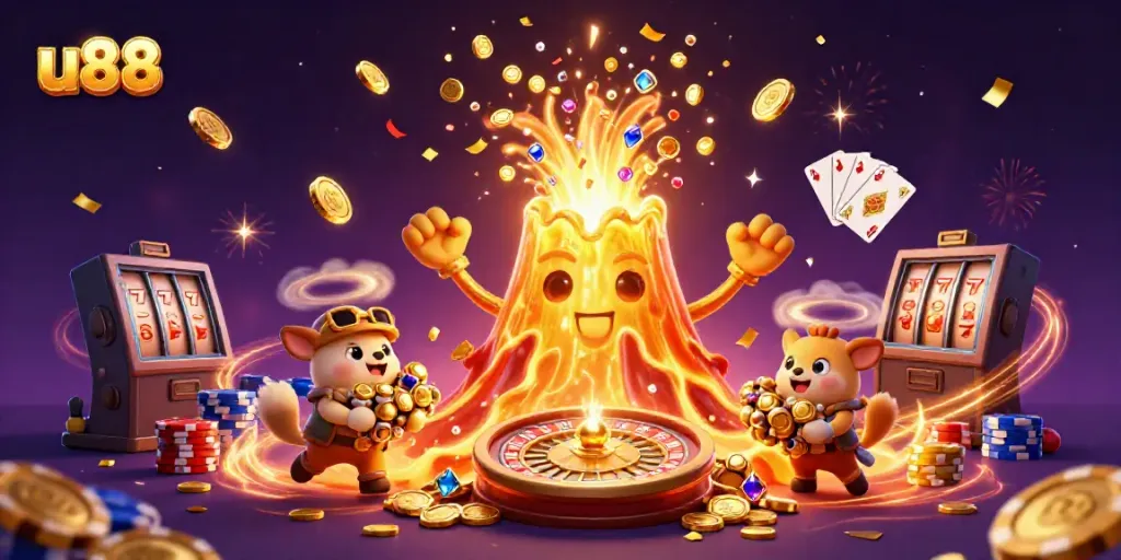 Experience the vibrant world of u88 with a triumphant golden volcano, animals, and cascading treasures!